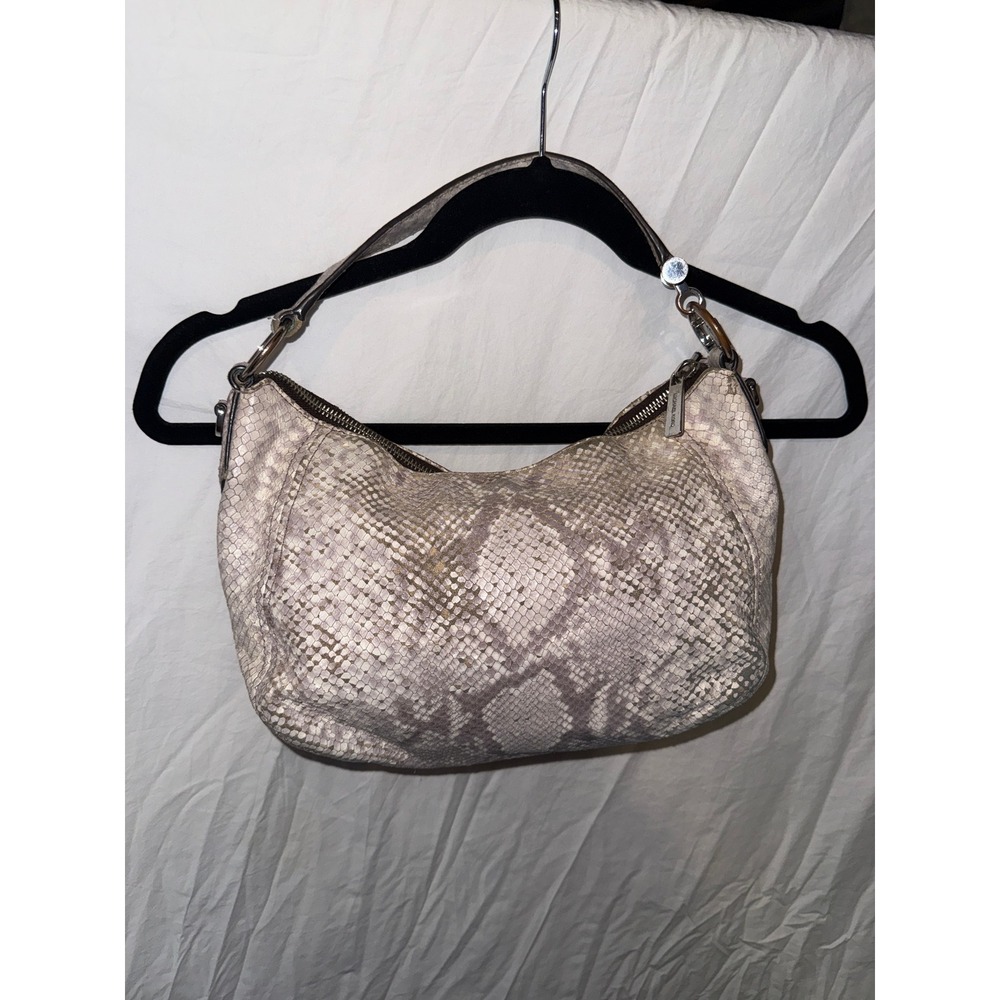 Michael Kors Snakeskin Embossed Leather Shoulder Bag Neutral Gray Silver Tone